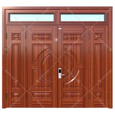 Cửa thép vân gỗ 4 cánh lệch 2 ô thoáng kính Ninh Bình