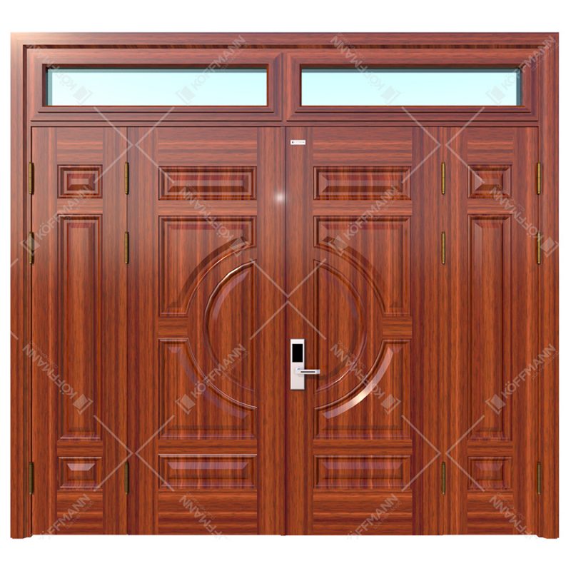 Cửa thép vân gỗ 4 cánh lệch 2 ô thoáng kính Ninh Bình