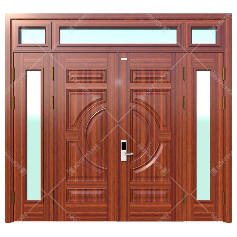 cửa thép vân gỗ Koffmann 4 cánh khoét kính, 3 ô thoáng kính tại Ninh Bình