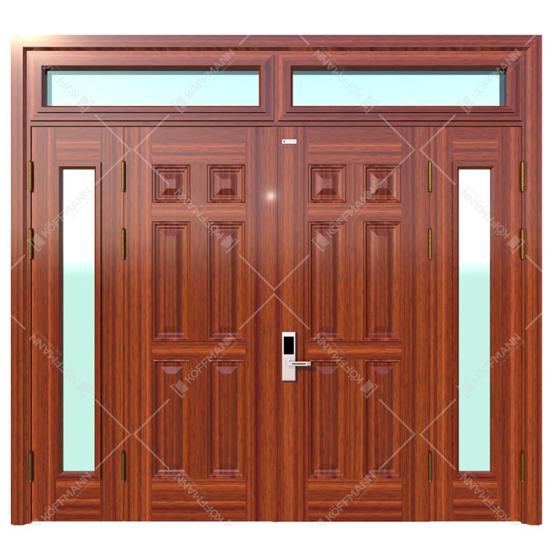 Cửa thép vân gỗ Koffmann 4 cánh lệch khoét kính Ninh Bình