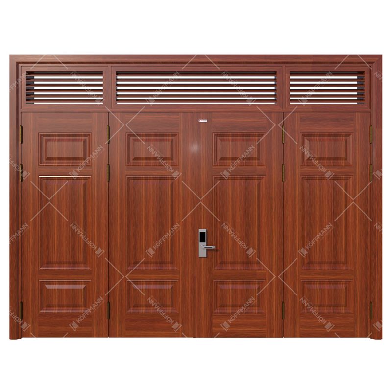 Cửa thép vân gỗ Koffmann 4 cánh đều 3 ô nan chớp Ninh Bình
